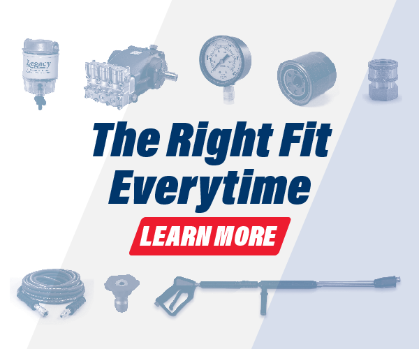 Pressure washer parts and accessories on a blue and white background, titles reads "The Right Fit Every Time"