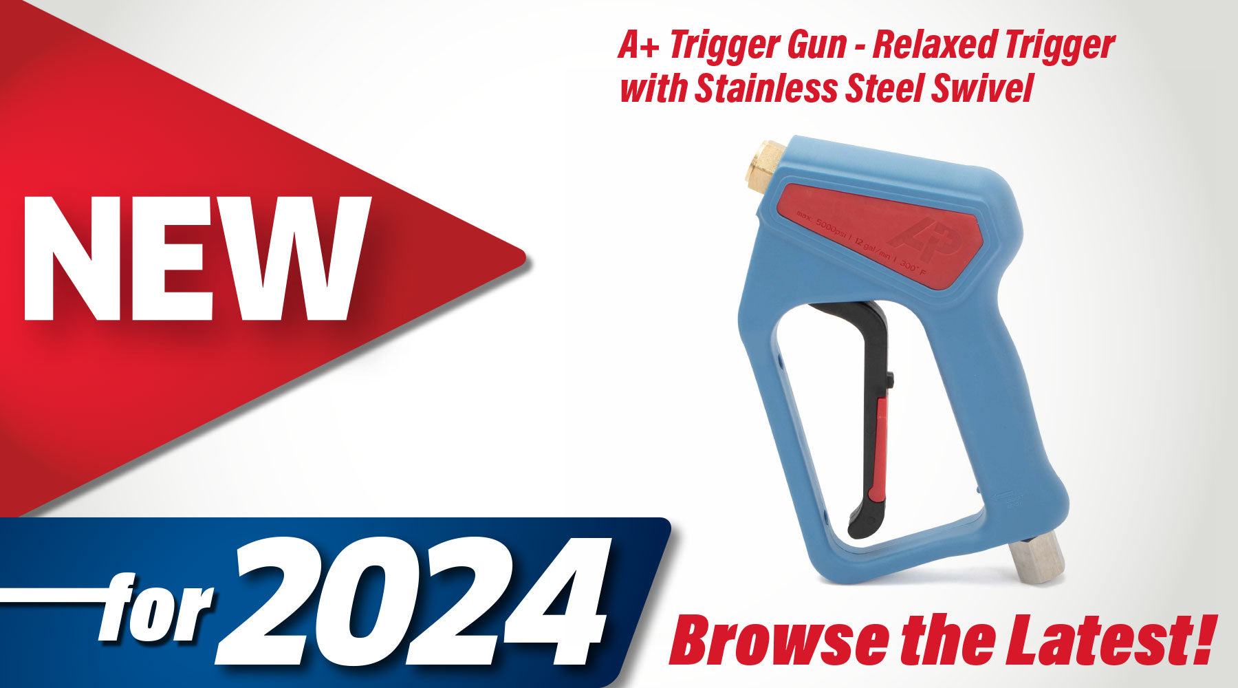 Image of A+ trigger gun on white background with the text "New for 2024, Browse the latest"