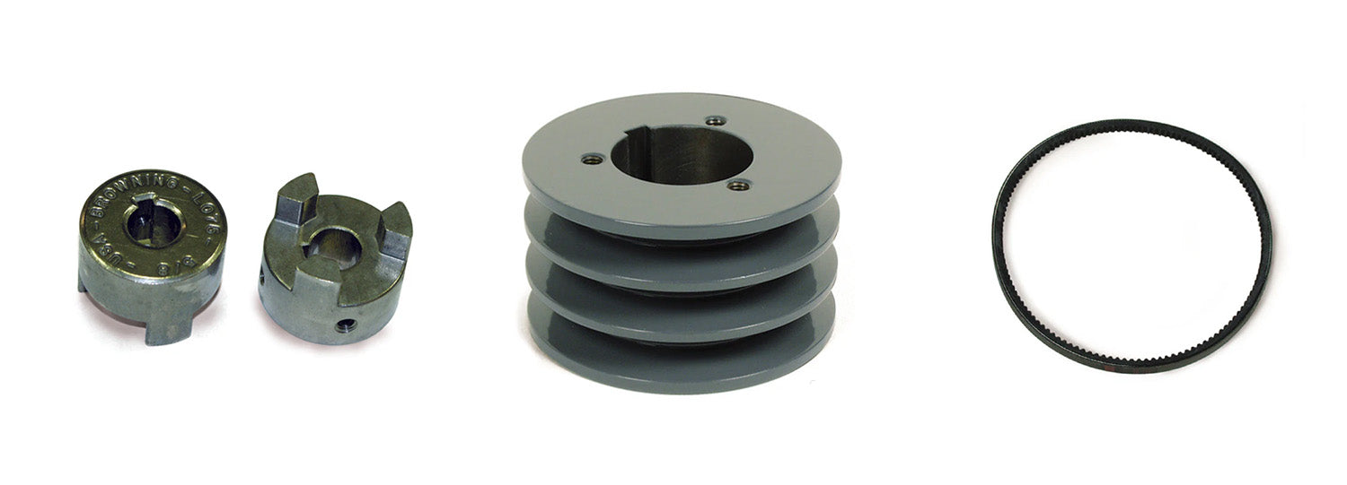 Set of mechanical components including a pulley, belt, and flange set on a white background